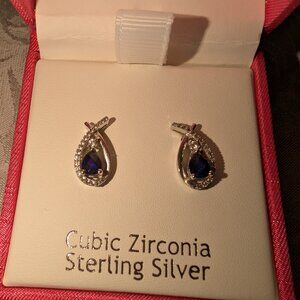 Sterling silver and cubic zirconia simulated sapphire earrings